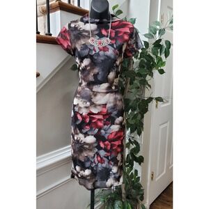 Fashion Nova Womens Multi Floral Short Sleeve Mock Neck Knee Length Dress Size L